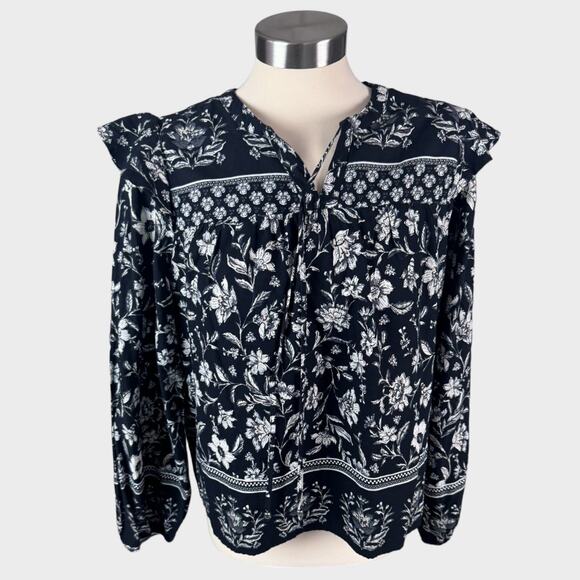 Time and Tru Womens Medium 8-10 Black White Peasant Top Floral Cotton Rayon - Picture 1 of 6